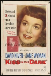 8j460 KISS IN THE DARK 1sh 1949 close up headshot of Jane Wyman + kissing David Niven!