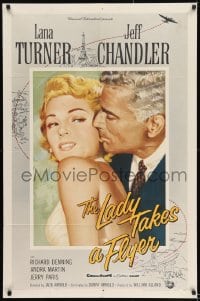 8j470 LADY TAKES A FLYER 1sh 1958 close up art of Jeff Chandler nuzzling sexiest Lana Turner!