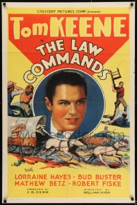 8j478 LAW COMMANDS 1sh 1937 cool western artwork montage of cowboy hero Tom Keene!