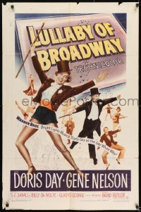 8j518 LULLABY OF BROADWAY 1sh 1951 art of Doris Day & Gene Nelson in top hat and tails!