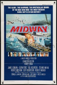 8j561 MIDWAY style B 1sh 1976 Charlton Heston, Henry Fonda, dramatic naval battle art!