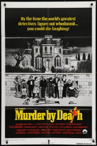 8j576 MURDER BY DEATH int'l 1sh 1976 Peter Sellers, great Charles Addams art of cast by dead body!