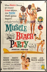 8j579 MUSCLE BEACH PARTY 1sh 1964 Frankie & Annette, 10,000 biceps & 5,000 bikinis!