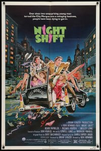 8j607 NIGHT SHIFT 1sh 1982 Michael Keaton, Henry Winkler, sexy girls in hearse art by Mike Hobson!