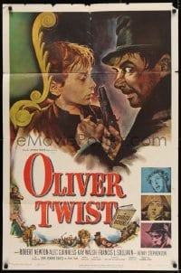 8j623 OLIVER TWIST 1sh 1951 cool art of Robert Newton threatening Davies, directed by David Lean!
