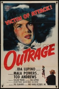 8j640 OUTRAGE style A 1sh 1950 Mala Powers is a victim of attack, directed by Ida Lupino!