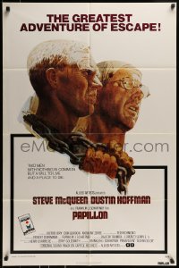 8j650 PAPILLON 1sh 1973 prisoners Steve McQueen & Dustin Hoffman by Tom Jung, Allied Artists!