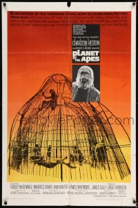 8j667 PLANET OF THE APES 1sh 1968 Charlton Heston, classic sci-fi, cool art of caged humans!