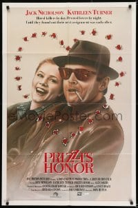 8j691 PRIZZI'S HONOR int'l 1sh 1985 Bryan art of smoking Jack Nicholson & Kathleen Turner w/bullet holes!