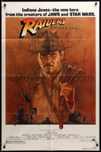 8j698 RAIDERS OF THE LOST ARK 1sh 1981 great art of adventurer Harrison Ford by Richard Amsel!