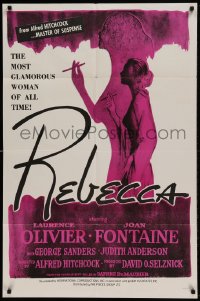 8j706 REBECCA 1sh R1960s Alfred Hitchcock classic, profile of smoking Joan Fontaine!