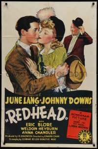 8j709 REDHEAD 1sh 1941 artwork of pretty June Lang & Johnny Downs!