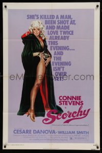 8j746 SCORCHY 1sh 1976 full-length art of sexiest barely-dressed Connie Stevens in black cape!