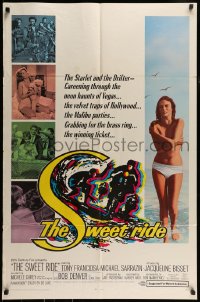 8j846 SWEET RIDE 1sh 1968 1st Jacqueline Bisset standing topless in bikini, cool surfing art!