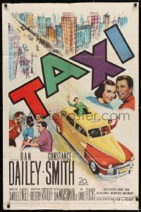 8j858 TAXI 1sh 1953 artwork of Dan Dailey & Constance Smith in yellow cab in New York City!
