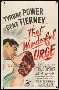 8j875 THAT WONDERFUL URGE 1sh 1949 artwork of Tyrone Power about to kiss sexy Gene Tierney!