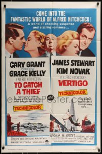8j895 TO CATCH A THIEF/VERTIGO 1sh 1963 Alfred Hitchcock shown, Grant, Kelly, Stewart & Novak!