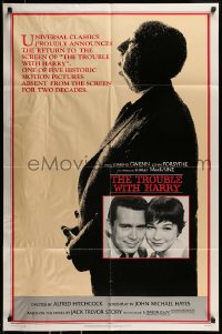 8j924 TROUBLE WITH HARRY 1sh R1983 Alfred Hitchcock profile, c/u of Forsythe & Shirley MacLaine!