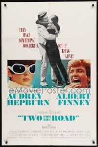 8j930 TWO FOR THE ROAD 1sh 1967 Audrey Hepburn & Albert Finney embrace, directed by Stanley Donen!