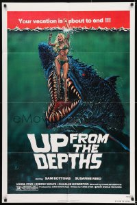 8j939 UP FROM THE DEPTHS 1sh 1979 wild horror artwork of giant killer fish by William Stout!