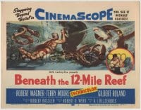8k029 BENEATH THE 12-MILE REEF TC 1953 cool art of scuba divers fighting octopus & shark!