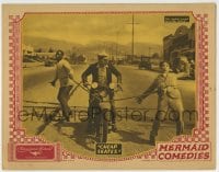 8k462 CHEAP SKATES LC 1925 wacky image of guy on motorcycle pulling two men on roller skates!
