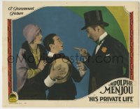 8k668 HIS PRIVATE LIFE LC 1928 great close up of dapper Adolphe Menjou wearing top hat!