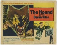 8k129 HOUND OF THE BASKERVILLES TC 1959 Peter Cushing as Sherlock Holmes, blood-dripping dog art!