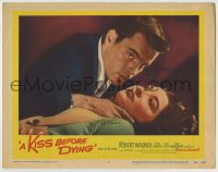 8k723 KISS BEFORE DYING LC #4 1956 c/u of Robert Wagner with his hand on Virginia Leith's throat!