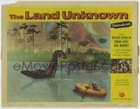 8k734 LAND UNKNOWN LC #2 1957 girl in raft is scared of the giant dinosaur emerging from lake!