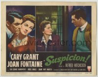 8k908 SUSPICION LC #7 R1953 Alfred Hitchcock, Cary Grant stares down at Joan Fontaine!