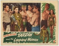8k914 TARZAN & THE LEOPARD WOMAN LC 1946 men hold Johnny Weissmuller in front of Acquanetta!