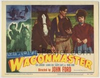 8k978 WAGON MASTER LC #4 1950 c/u of Ben Johnson & Joanne Dru by horse, John Ford & Merian C. Cooper
