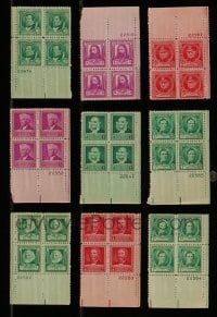8m219 LOT OF 9 FAMOUS AMERICAN AUTHORS, COMPOSERS AND POETS PLATE BLOCKS 1940s 36 stamps in all!