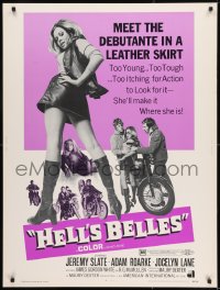 8r032 HELL'S BELLES 30x40 1969 sexy too young too tough biker babe in leather skirt!