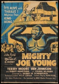 8r056 MIGHTY JOE YOUNG 30x40 R1953 first Ray Harryhausen, art of ape rescuing girl from lions!