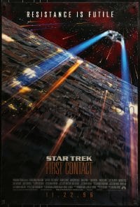 8r887 STAR TREK: FIRST CONTACT int'l advance DS 1sh 1996 starship Enterprise above Borg cube!