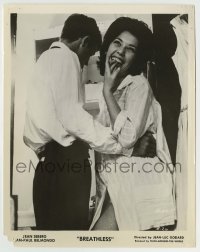 8s046 A BOUT DE SOUFFLE 8x10.25 still 1960 Jean-Luc Godard, c/u of Jean-Paul Belmondo & laughing girl!
