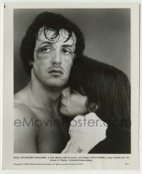 8s699 ROCKY 8.25x10 still 1977 classic image of beaten boxer Sylvester Stallone holding Talia Shire!