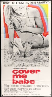 8t372 COVER ME BABE int'l 3sh 1970 wacky hands emerging from sand grabbing at sexy girl on beach!