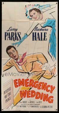8t399 EMERGENCY WEDDING 3sh 1950 Larry Parks would marry Barbara Hale in a minute, great art!