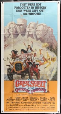 8t437 GREAT SCOUT & CATHOUSE THURSDAY 3sh 1976 wacky art of Lee Marvin & cast at Mount Rushmore!
