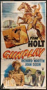 8t442 GUNPLAY 3sh 1951 cool art of cowboy Tim Holt riding horse & fighting bad guy, Joan Dixon!