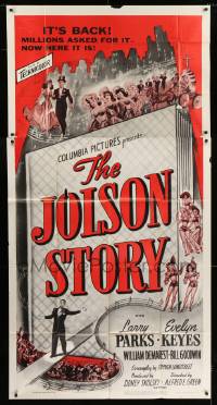 8t481 JOLSON STORY 3sh R1954 Larry Parks & Evelyn Keyes in bio of the greatest entertainer!