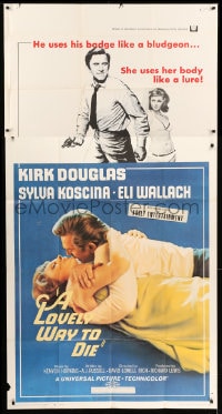 8t505 LOVELY WAY TO DIE 3sh 1968 great image of Kirk Douglas romancing Sylva Koscina, Eli Wallach
