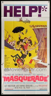 8t513 MASQUERADE 3sh 1965 Cliff Robertson, Marisa Mell, great wacky Jack Rickard artwork!