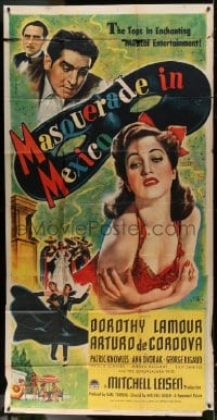 8t514 MASQUERADE IN MEXICO style A 3sh 1946 artwork of sexy Dorothy Lamour, Arturo de Cordova, Knowles!