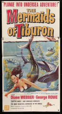 8t520 MERMAIDS OF TIBURON 3sh 1962 art of sexy mermaid & shark, plunge into undersea adventure!