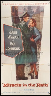 8t521 MIRACLE IN THE RAIN 3sh 1956 great romantic art of Jane Wyman & Van Johnson!