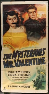 8t531 MYSTERIOUS MR. VALENTINE 3sh 1946 different art of William Henry attacking Linda Sterling!